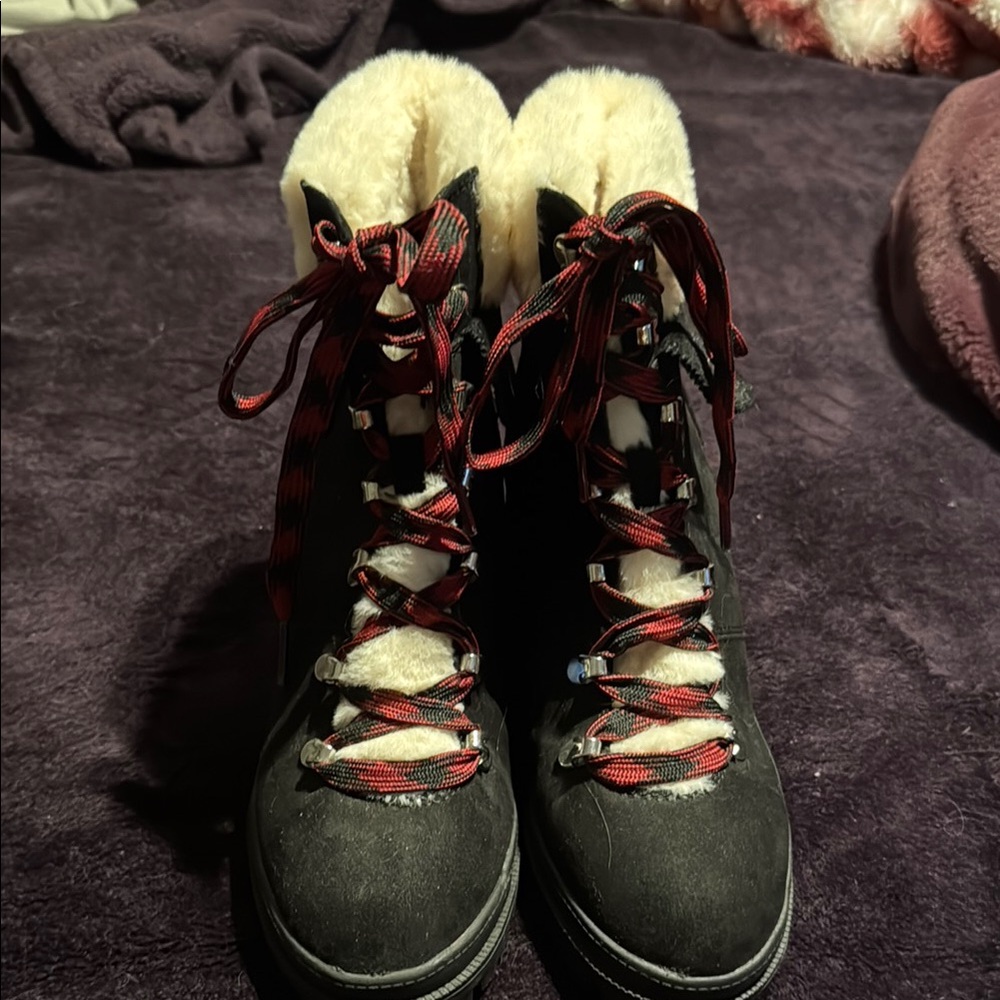 Women's Black and Red Lace-Up Boots
